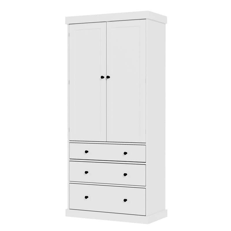 77" Farmhouse-Style Freestanding Pantry – Spacious Kitchen Storage Cabinet with 3 Adjustable Shelves, 8 Door Racks & 3 Drawers.