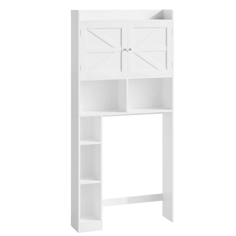 Over-the-Toilet Storage Cabinet, Freestanding Bathroom Space Saver with Adjustable Shelf, Double Doors and Open Shelves
