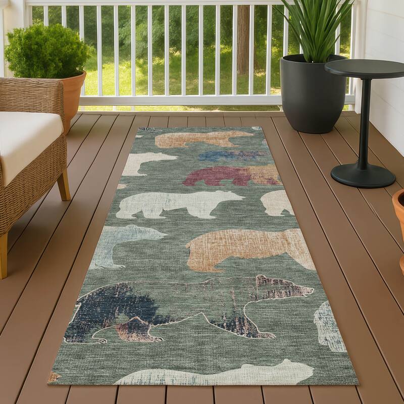 Machine Washable Indoor/ Outdoor Modern Bear Chantille Rug - Green - 2'3" x 7'6"