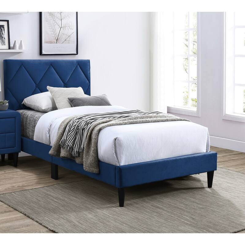 Adjustable Headboard Twin Size Bed with Navy Blue Velvet Upholstery, Modern Youth Bedroom Furniture - Navy Blue