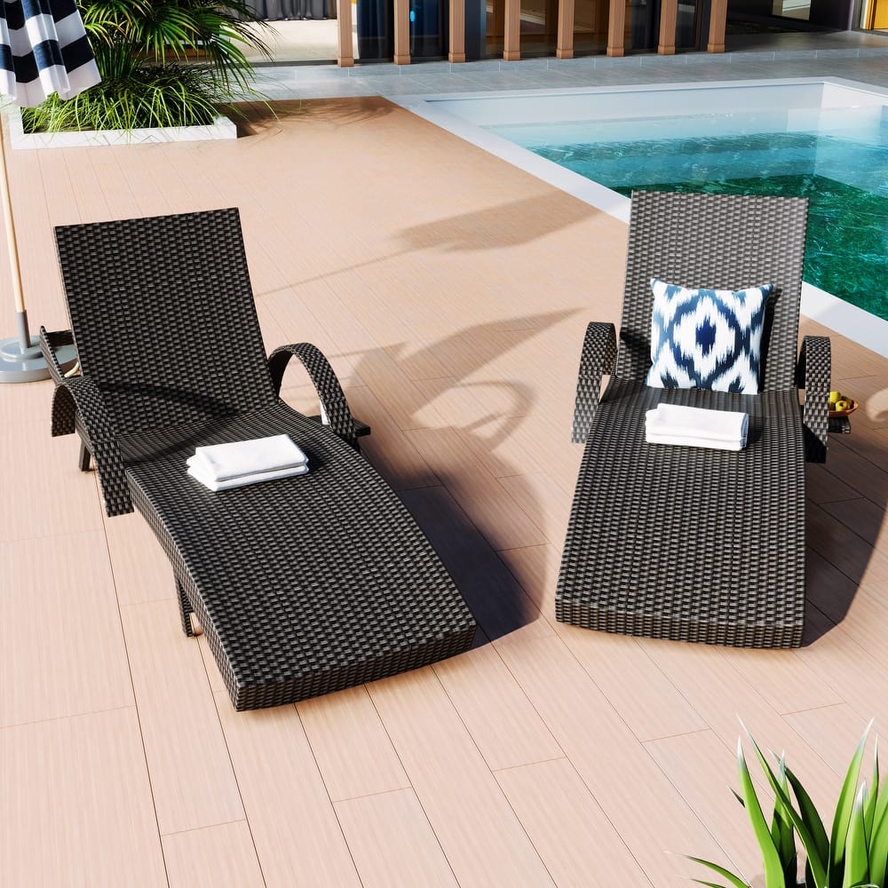 2-piece Outdoor Wicker Chaise Lounge Chairs Set with Pull-out Side Table, Patio Pool Adjustable Reclining Sun Lounger
