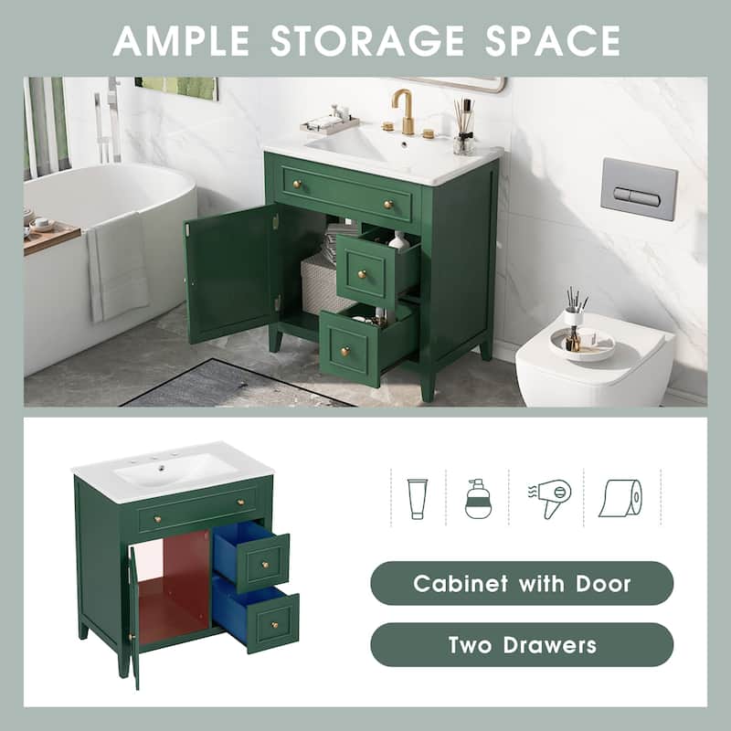 30" Bathroom Vanity with Sink Top, Bathroom Vanity Cabinet with Door and Two Drawers, Solid Wood