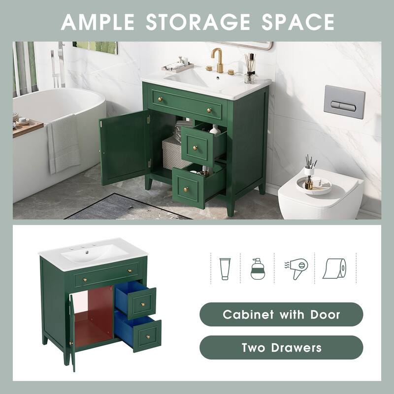 Modern 30" Bathroom Vanity with Sink Top, Storage Cabinet & Two Drawers, Solid Wood Frame