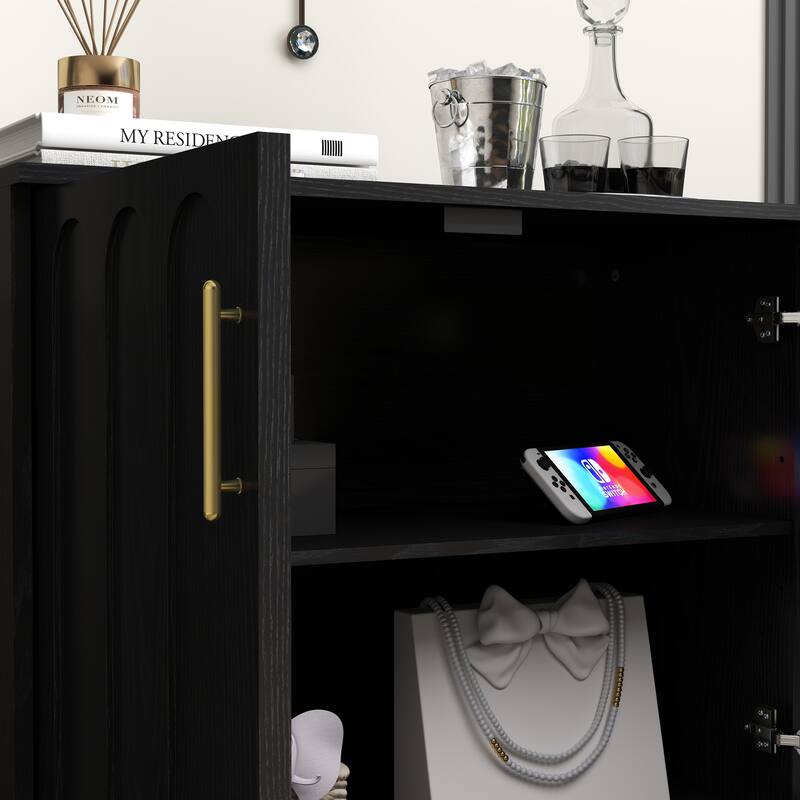 Fluted Cabinet Buffet Cabinet Accent Cabinet with Outlet Hole, Wood Grain Storage Cabinet with Adjustable Shelves