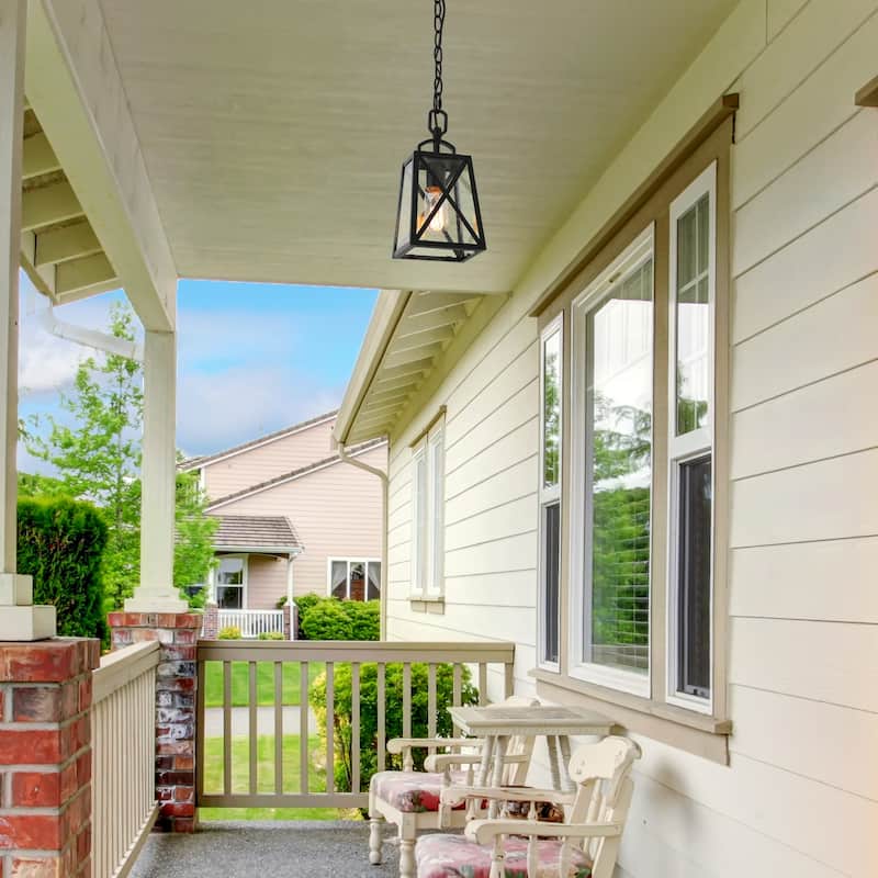 Bern 1-Light Black Lantern Outdoor Light Hanging Pendant with Seeded Glass for Porch - L 5.5"x W 4.5"x H 70"