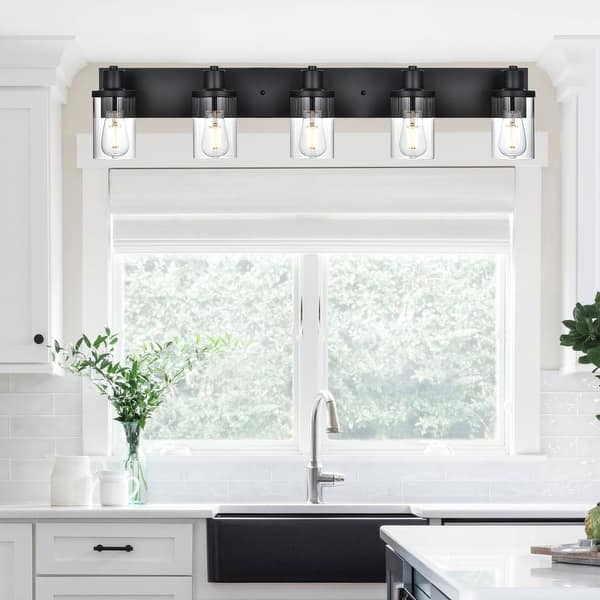 slide 2 of 7, 5 Light Bathroom Vanity Lighting with Clear Glass Shade Black