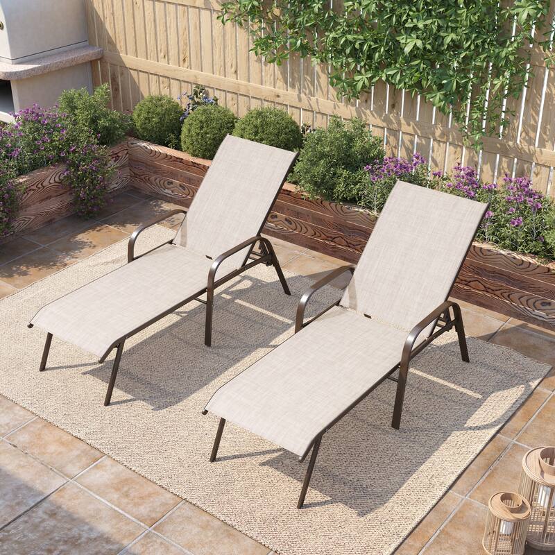Pellebant Outdoor Adjustable Patio Chaise Lounge Chairs with Armrest Set of 2 - Beige