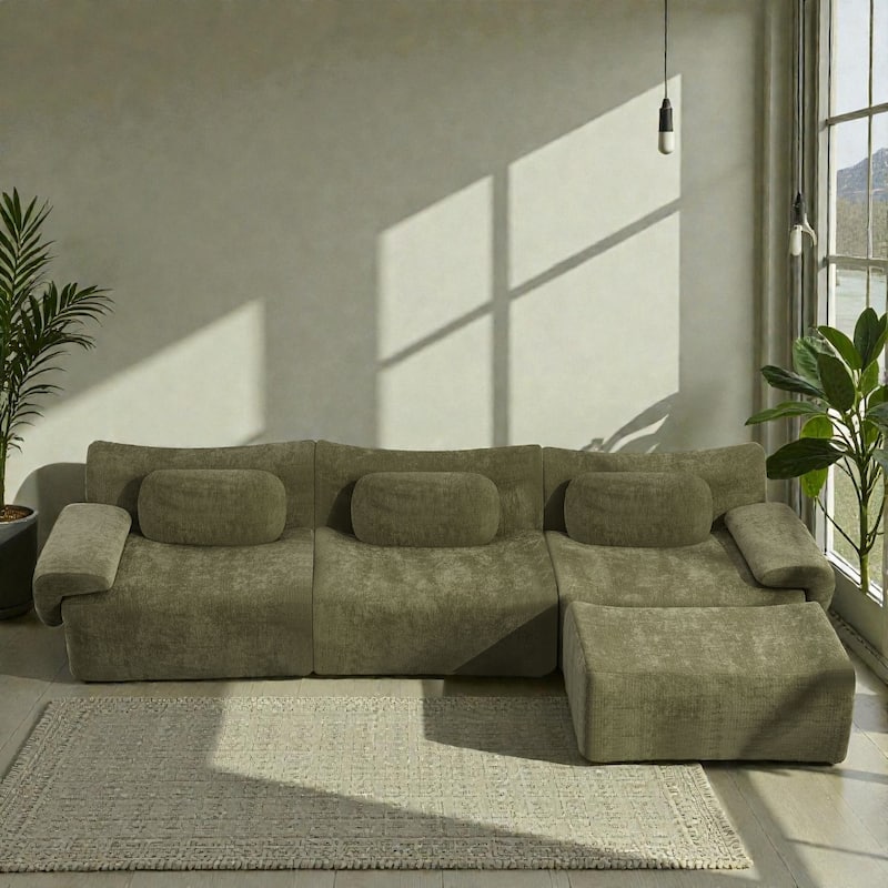 Modular Chenille Sofa Set with Armchair, Extra Large Deep Seat 3 Seater Compression Couch with Pillows