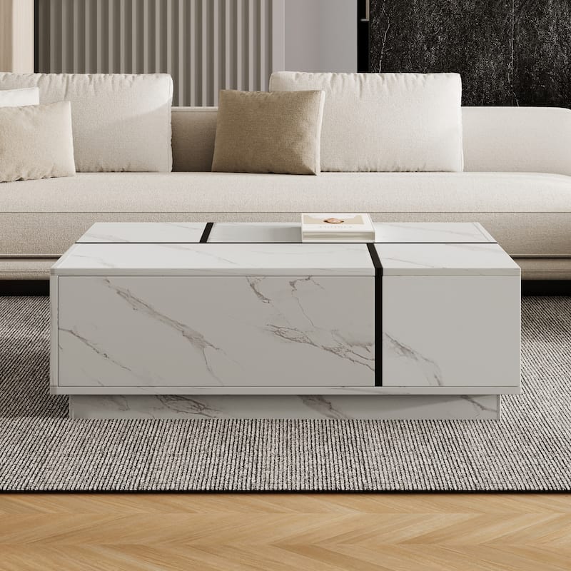 Rectangular Sliding Top Coffee Table with 2 Drawers and 2 Hidden Storage for Living Room 47.2" (White)