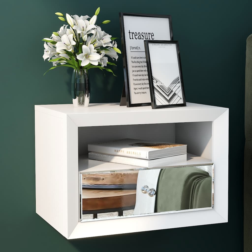 1 Drawer Floating Nightstand with Open Shelf, Wall Mounted Nightstand