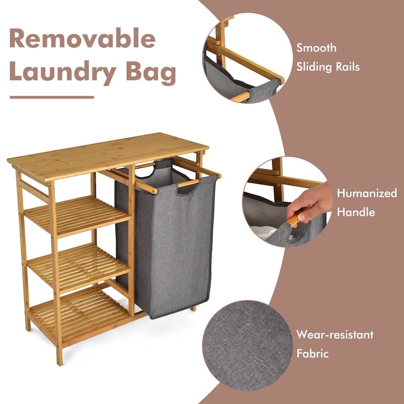 Gymax Laundry Hamper Basket Table Bamboo w/Storage Shelves and Sliding