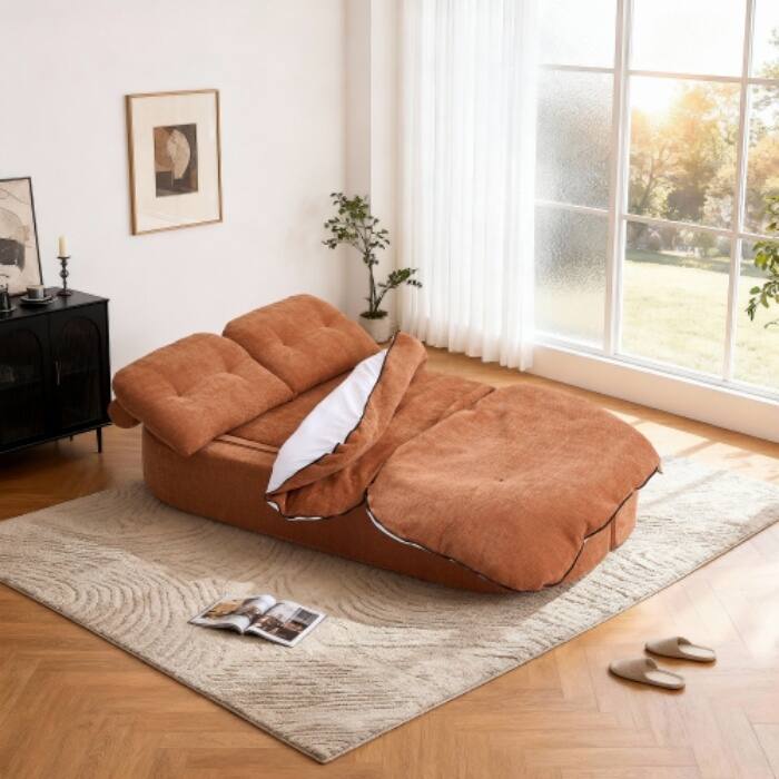 Modern Convertible Floor Sofa Bed with Corduroy Cushion, 2 Pillows & No Assembly