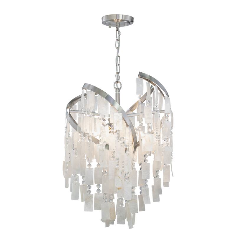 Isabel 4L Satin Nickel Coastal Glam Pendant Chandelier Light with Capiz Shells and Crystal - 16-in W x 20.5-in H x 16-in D