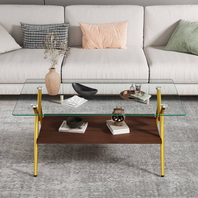 Rectangle Coffee Table with Tempered Glass Top and Shelf - Transparent+Glod