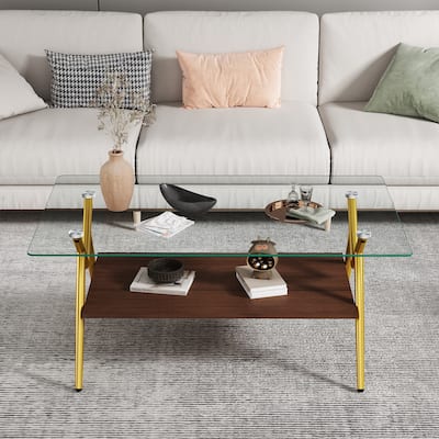 Rectangle Coffee Table with Tempered Glass Top and Shelf
