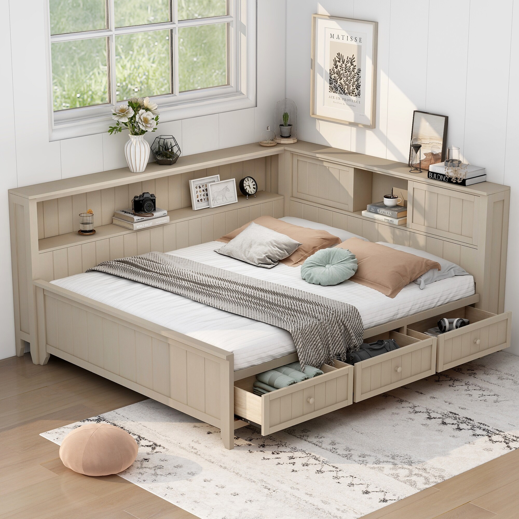Farmhouse Full Size Wood Daybed with Storage Shelves and 3 Drawers for Bedroom No Box Spring Needed Antique White Milk
