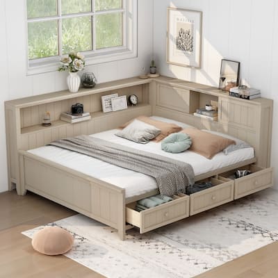 Full Size Antique Daybed with 3 Drawers & Storage Shelves (400lb Capacity)