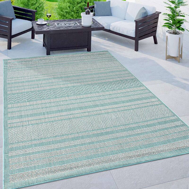 Contemporary Bohemain Stripes Indoor/Outdoor Flatweave Waterproof Backyard Patio Area Rug - Blue - 7'10"x10'
