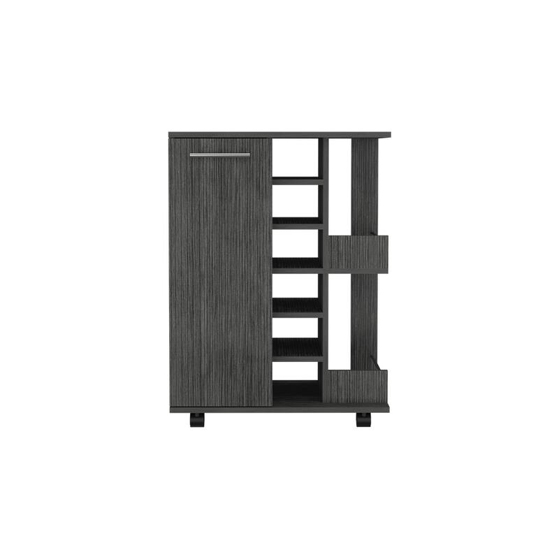 Bar Cart, Four Casters, Six Wine Cubbies, Single Door Cabinet