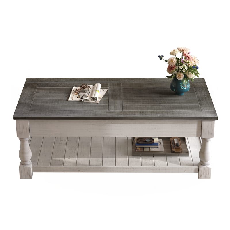 Farmhouse Lift Top Coffee Table with Fixed Shelf - 3 Hidden Storage Trays