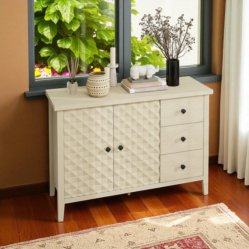 Modern 2-Door Sideboard Cabinet with 3 Drawers, Adjustable Shelf, Embossed Doors and Diamond Handles for Kitchen or Entryway