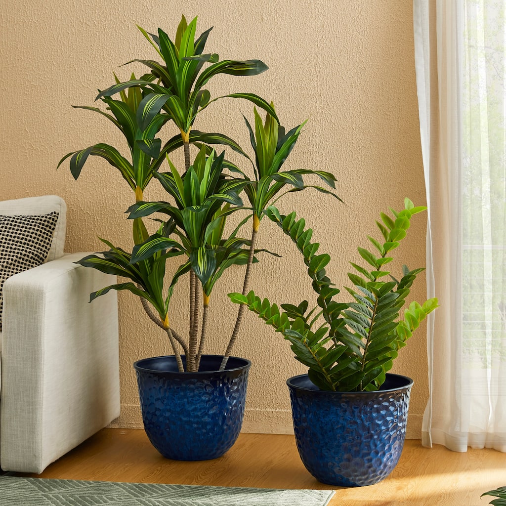 Glitzhome 15.25"D Set of 2 Honeycomb Textured Cobalt Blue Faux Ceramic Pot Plastic Planter