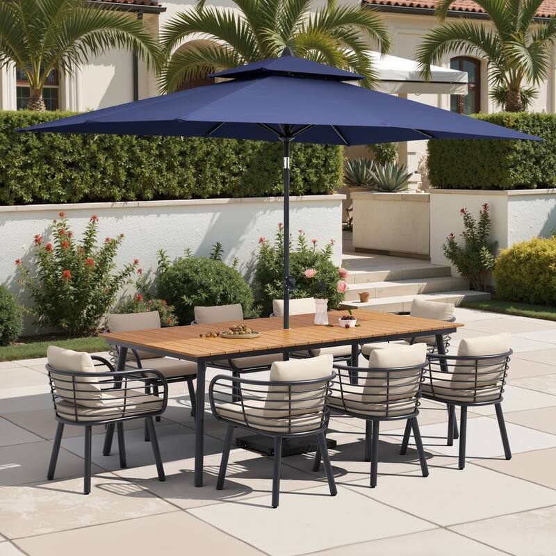 11-Piece Outdoor Patio Dining Set with Sunbrella Cushion Aluminum Dining Table and Chairs w/10 ft Umbrella and Base with Wheels - Brown Table with Navy Blue Umbrella