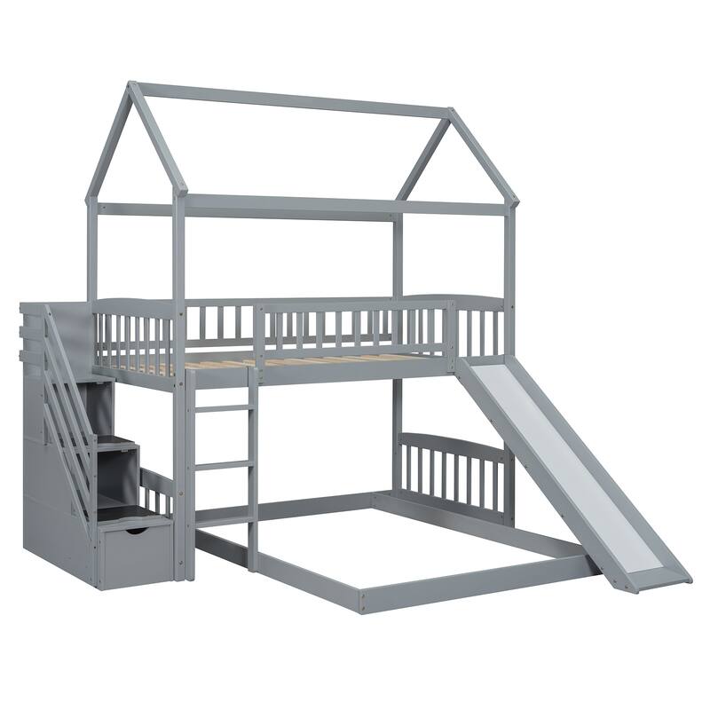Twin Over Full Bunk Bed with Slide and Storage, Gray