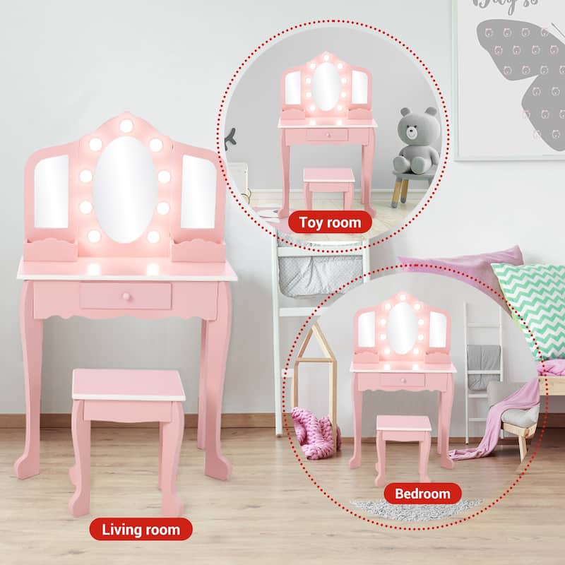 Kids Makeup Vanity Table Set with Stool, Dressup Playset for Girls Best Gift