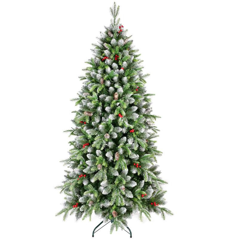 Pre-Lit Artificial Christmas Tree - Warm White LED Lights, Frosted Greenery, Red Berries, Pinecones, Metal Stand - Green