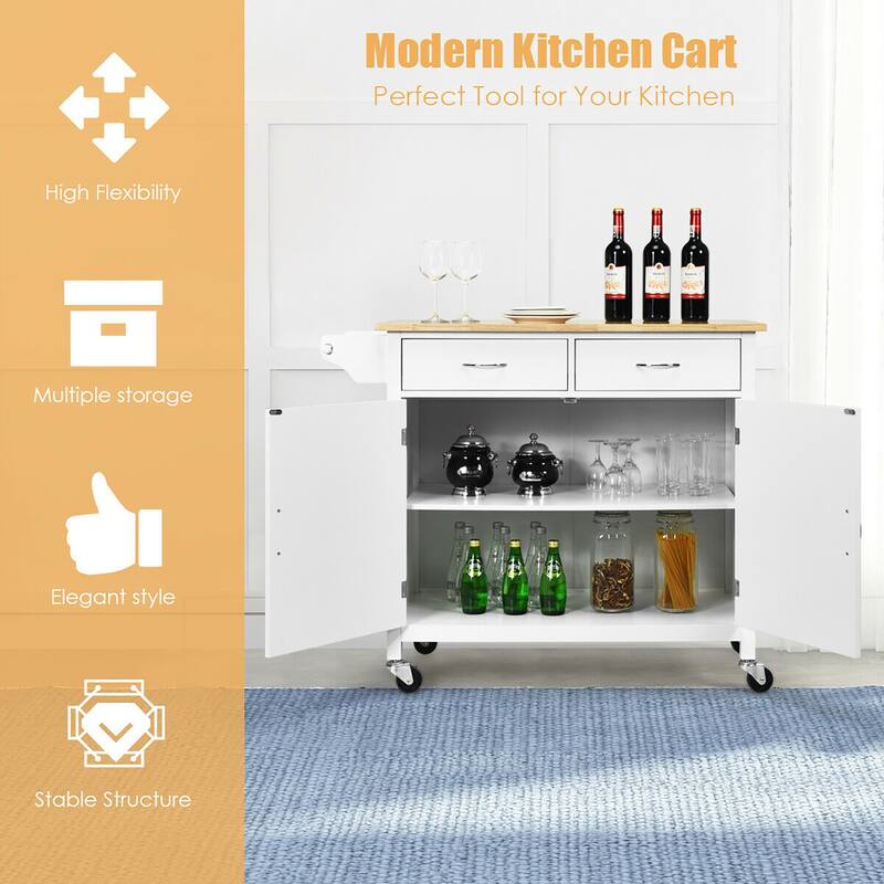 Costway Rolling Kitchen Cart Island Wood Top Storage Trolley Cabinet