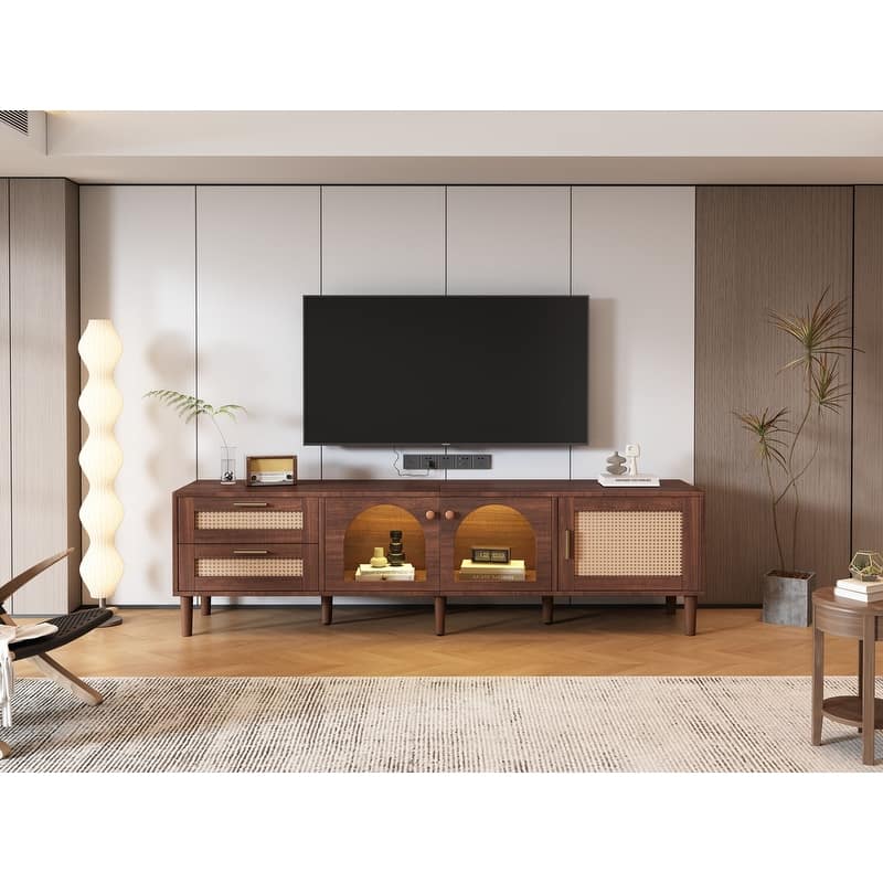 Rattan-Inspired 80'' Media Console with LED Lights & Ample Storage
