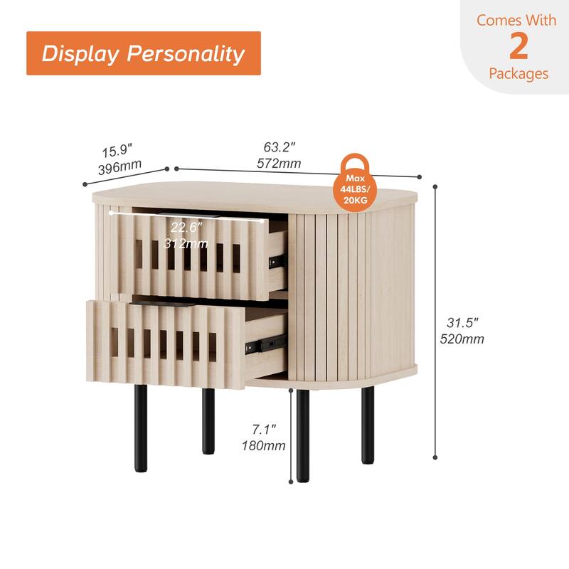 WAMPAT Fluted Nightstand with 2 Drawers,Wood End Table for Bedroom, Living Room