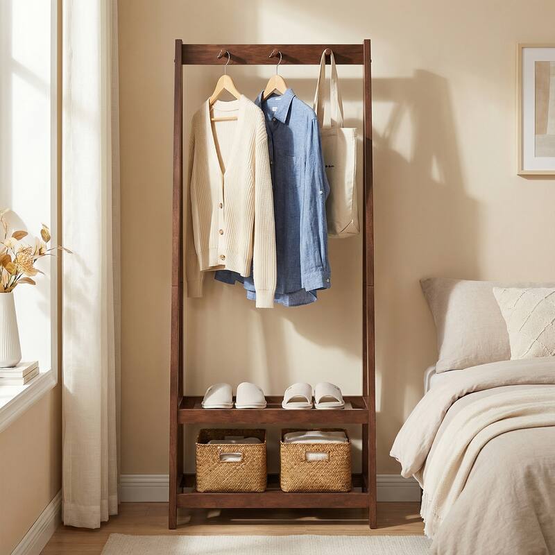 Gymax Rubber Wood Garment Rack w/3 Hooks & 2 Shelves for Entryway