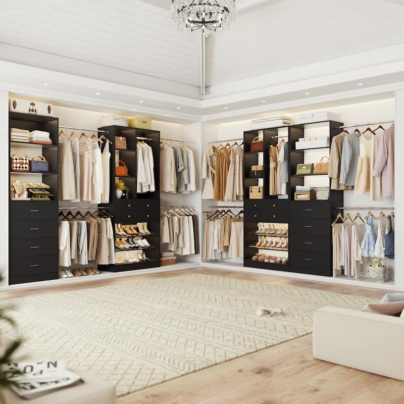 Set of 2 Closet Organizer System with Wood Drawers, Amoire Wardrobe with Hanging Rods