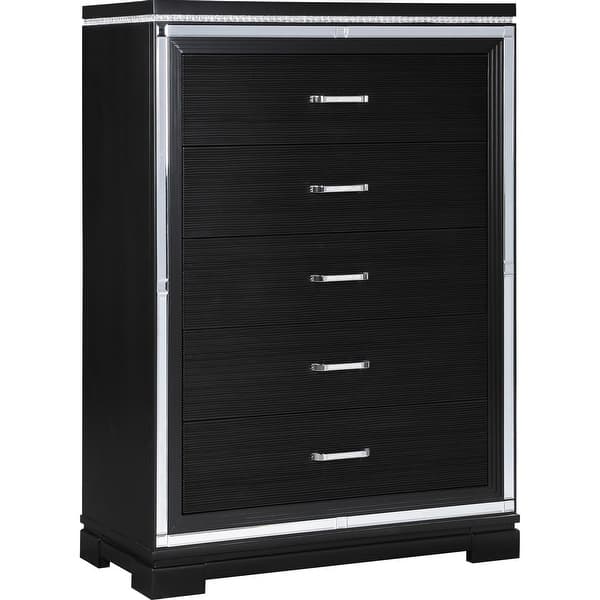 Axl 52 Inch 5 Drawer Tall Dresser, Mirror Trim, Crystal Accent, Black