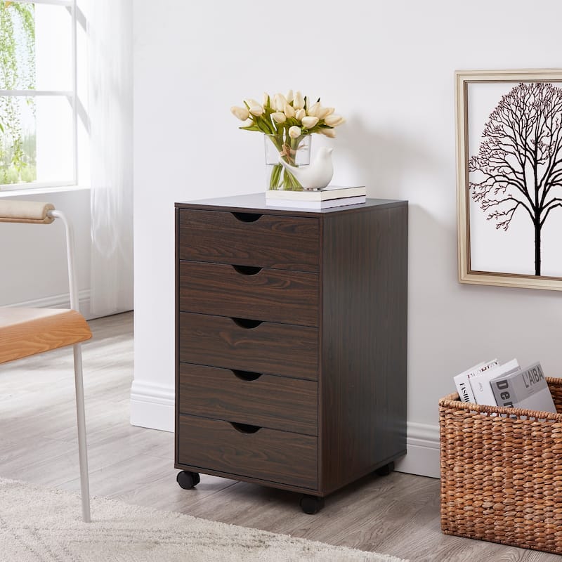 5 Drawers Chest, Wood Storage Dresser with Wheels, Craft Storage Organizer and Storage Drawer Office Drawer Unit - Espresso