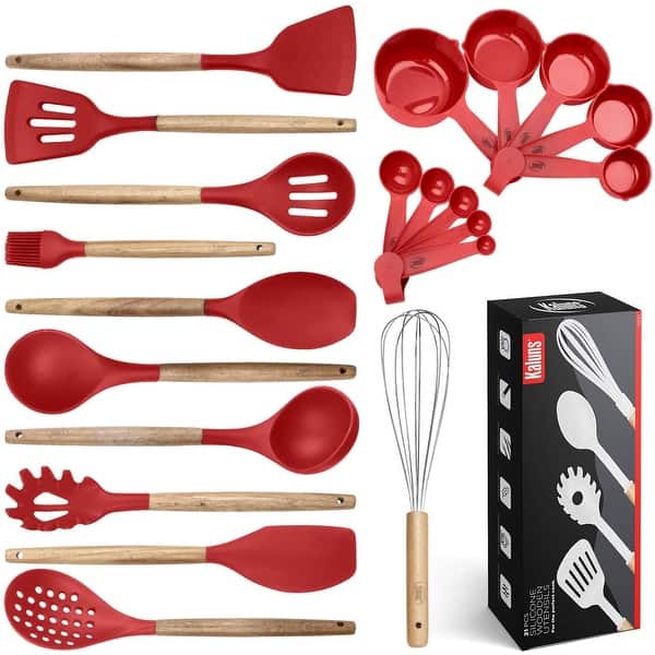 slide 2 of 6, Kitchen Utensils Set, 21 Wood and Silicone Cooking Utensils Red