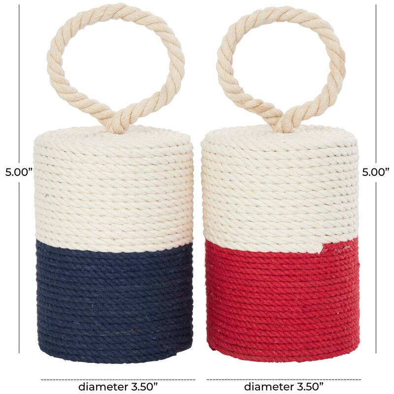 Cream Cotton Fabric Coiled Colorblock Buoy Sculpture with Red and Blue Bases (Set of 2)