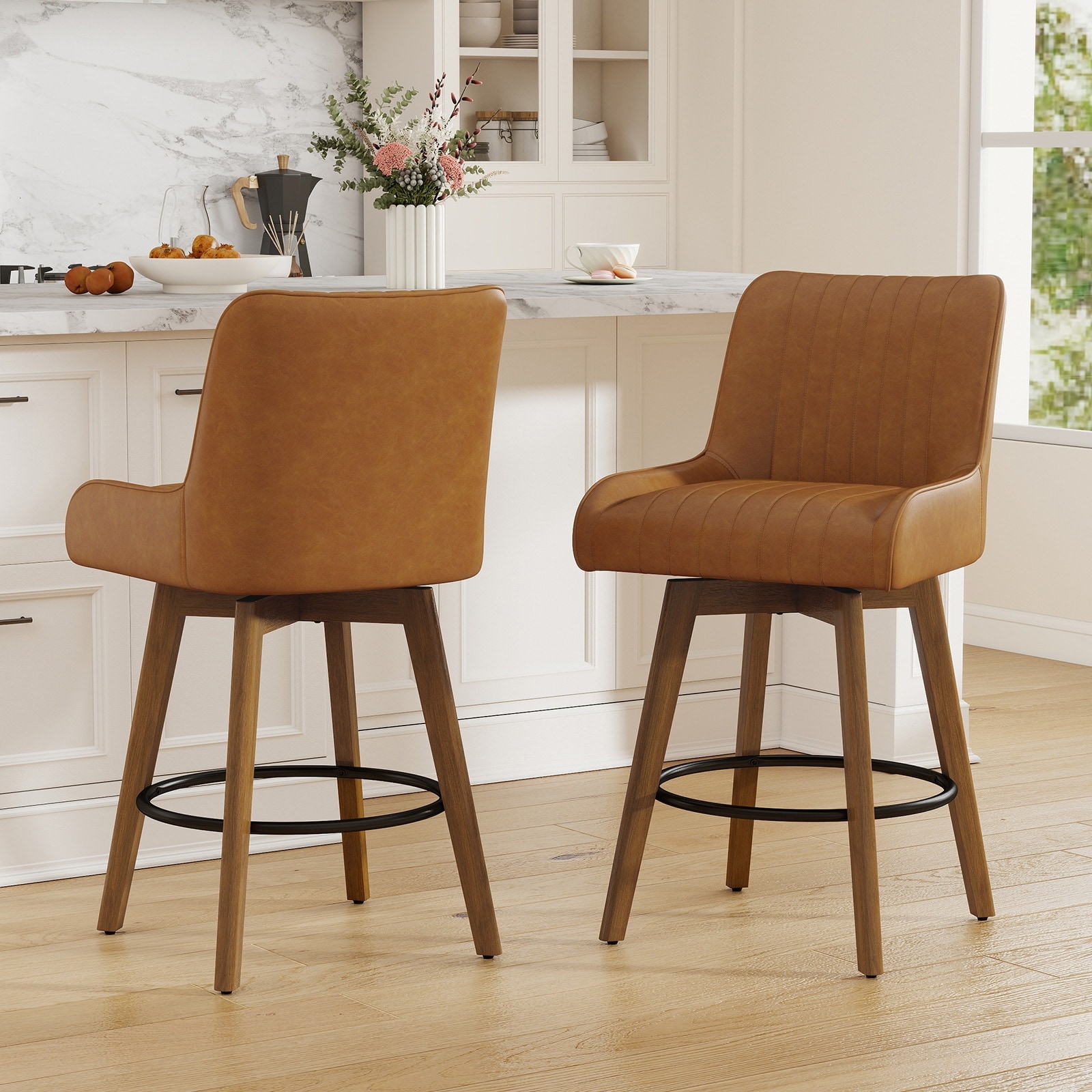 26-Inch Upholstered Swivel Counter Height Bar Stool, Solid Wood Legs - 38.8"H x 20.5"W x 21.7"D