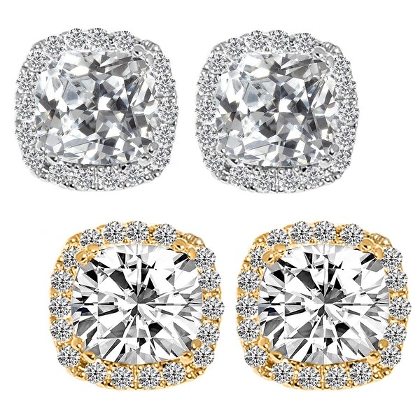 14k Gold Cushion-cut Halo Cubic Zirconia Earrings. Opens flyout.