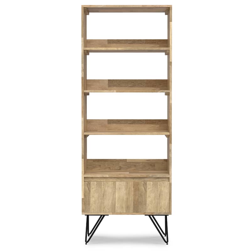 WYNDENHALL Moreno SOLID MANGO WOOD and Metal 64 x 24 inch Rectangle Modern Tall Bookcase in Natural -  14"d x 24"w x 64"h