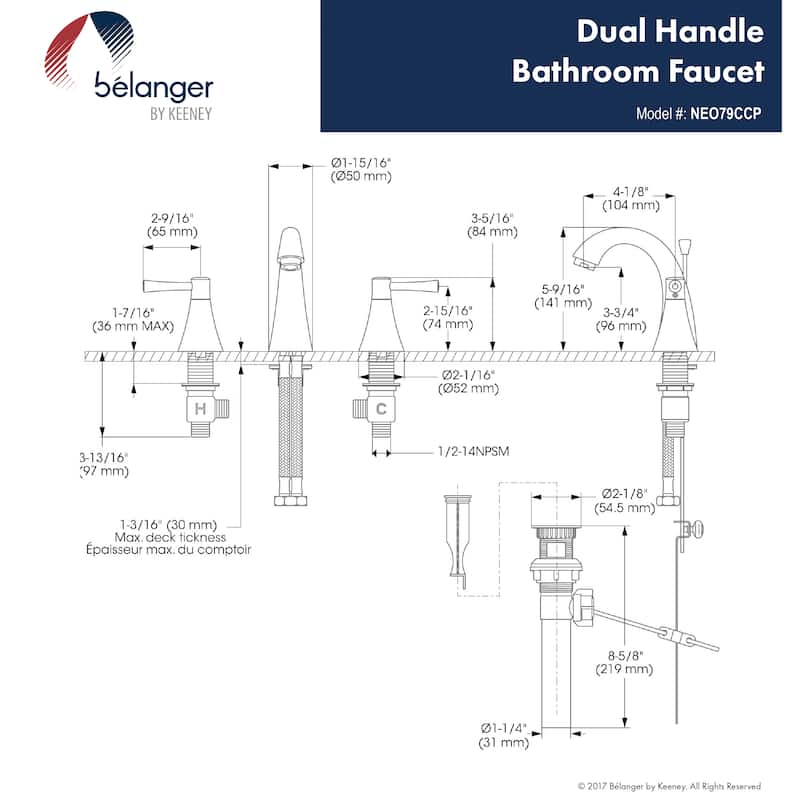 Belanger Two Handle Widespread Bathroom Faucet, Polished Chrome