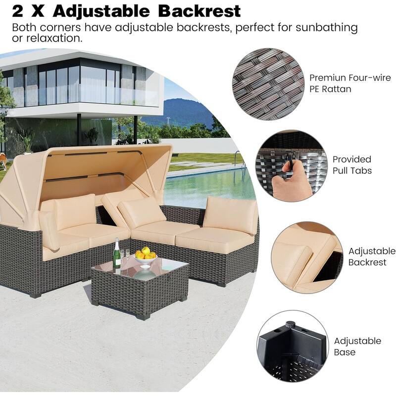 6 Pieces Patio Furniture Set, Wicker Patio Furniture Sofa with Retractable Canopy