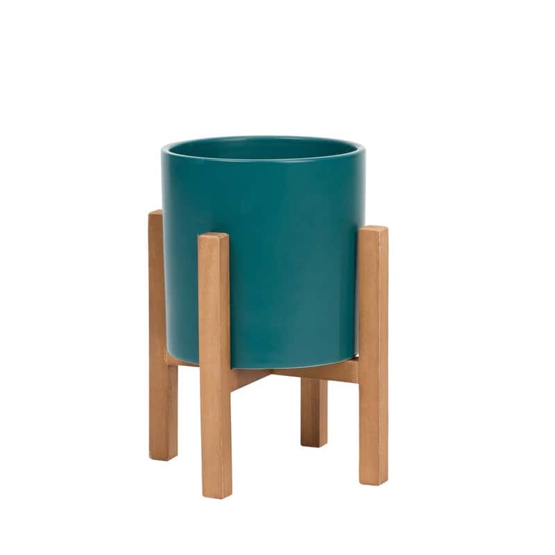 Liam Modern Ceramic Planter with Wood Legs - 13"H x 9"W - Green