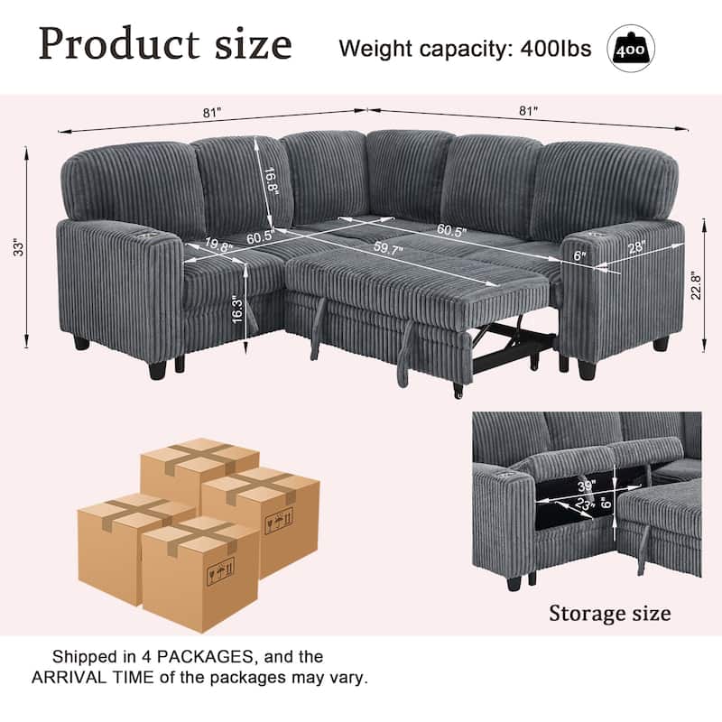 GDFStudio - Modern 5-Seat Sectional L-Shaped Sofa with Pull-Out Sleeper Bed, Storage, Cup Holder & USB Charging - 81"W
