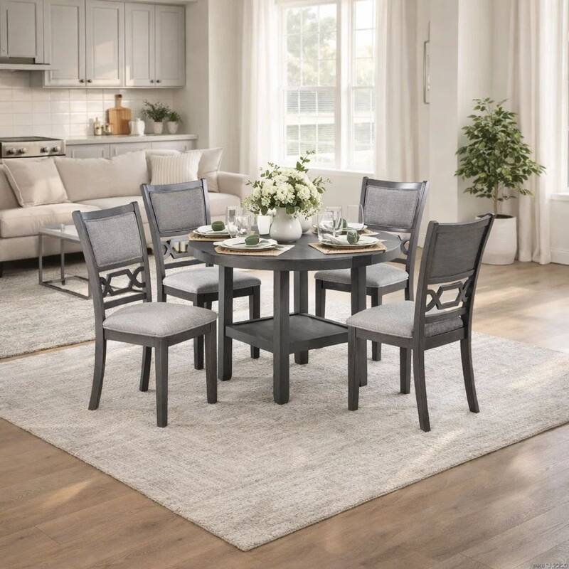 Sienna 5pc Dining Table and 4 Chair Set, Cut-Out Backrest, Gray Wood