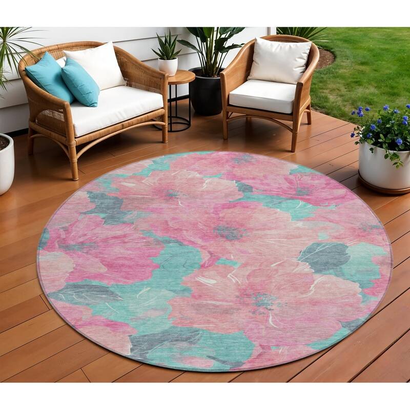 HomeRoots Floral Transitional Rectangle Outdoor Rug - Blue/Pink - 8' Round