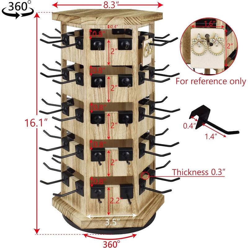 Natural Wood Hexagon 6 sided Rotating Jewelry Display Stand Tower,60 Removable Metal Hooks