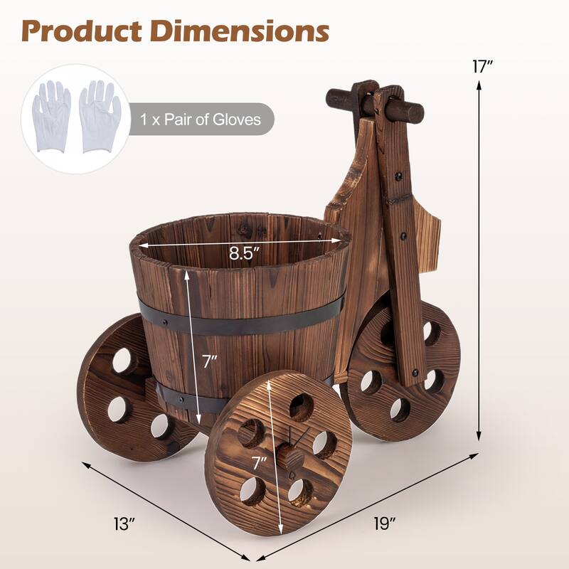 Gymax Rustic Wood Tricycle Planter w/Barrel Pot & Drainage for Patio